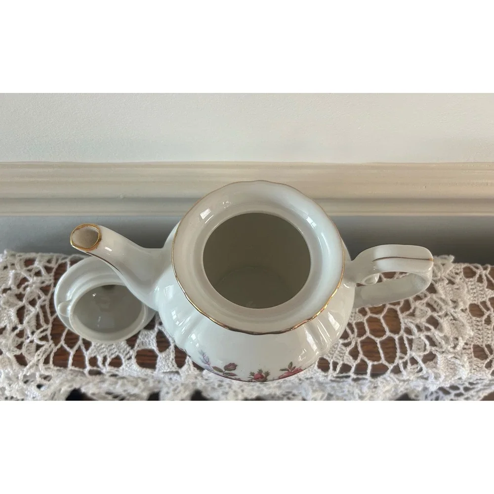 Vintage Porcelain Floral Rose Teapot Gold Trim Pink White Tea Pot 10095